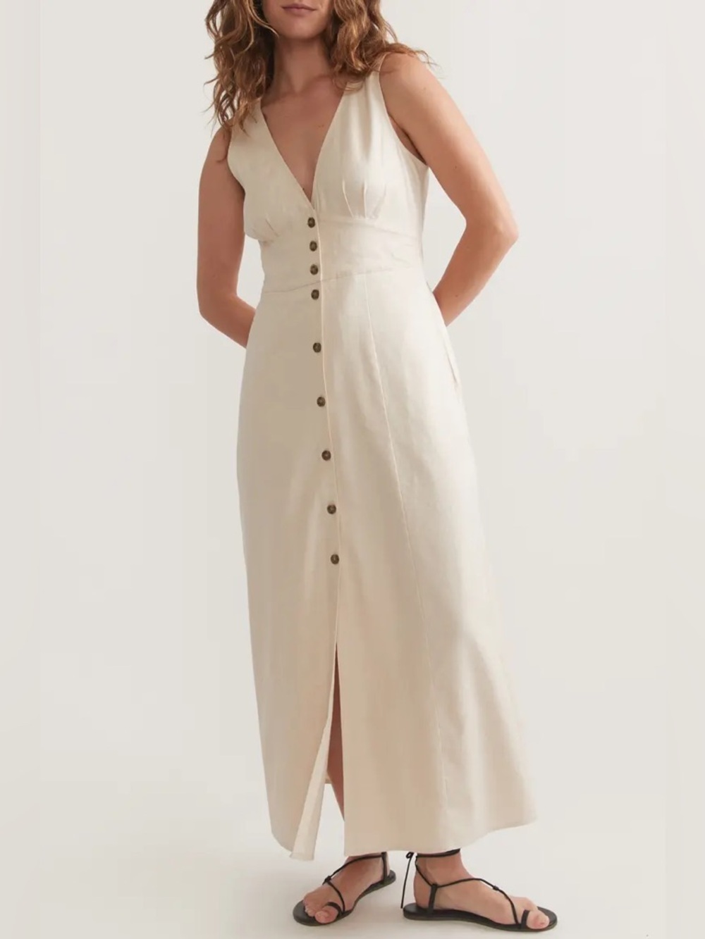 Marine Layer Camila Linen Maxi Dress XL Antique White Tan Classic Minimalist NWT